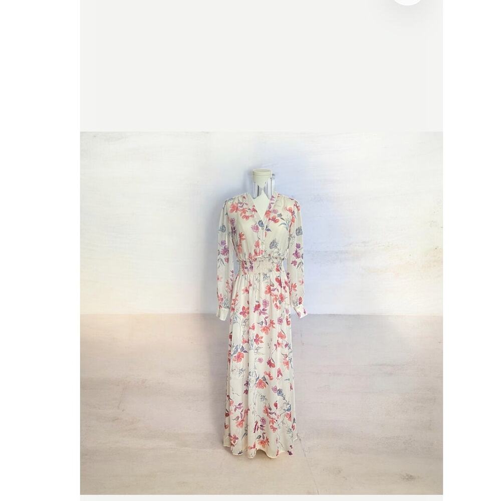 Kate & Lily Sheer White Floral Print Long Sleeve Surplice V-Neck Maxi Dress 4 - Picture 3 of 7